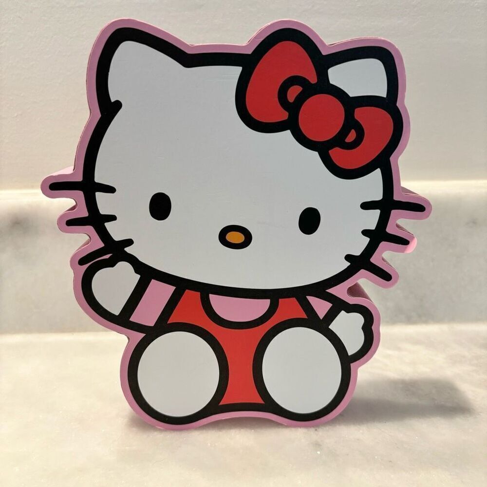 NWT Sanrio Hello Kitty Solid Wood Die Cut Plaque Sign Wall Hang Desk Decor Pink
